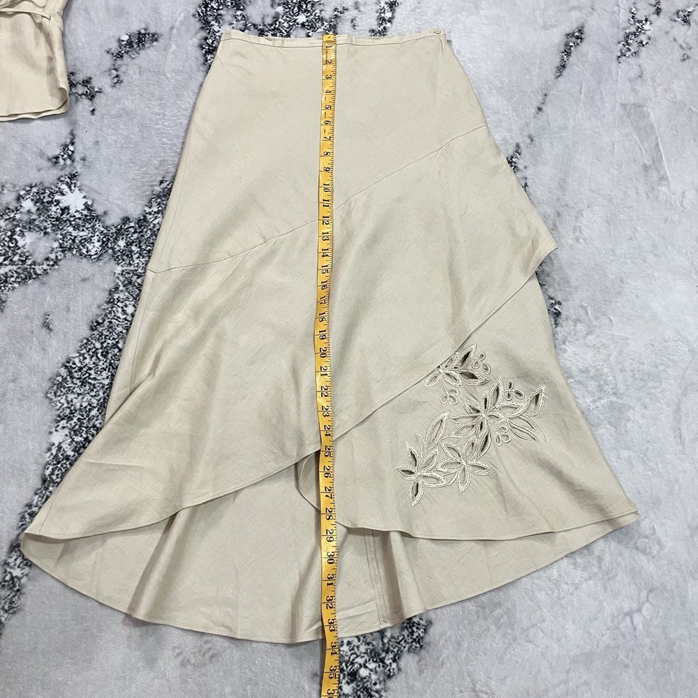 La Boutique Linen Blend Skirt Suit Set 6 Ivory Wrap Top Embroidered Floral - Picture 8 of 13